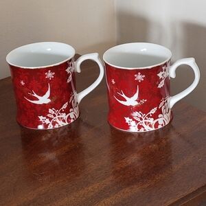 Starbucks Rosanna 2pc 2010 Red White Birds Snow Gold Accent Coffee Cup Mug Set